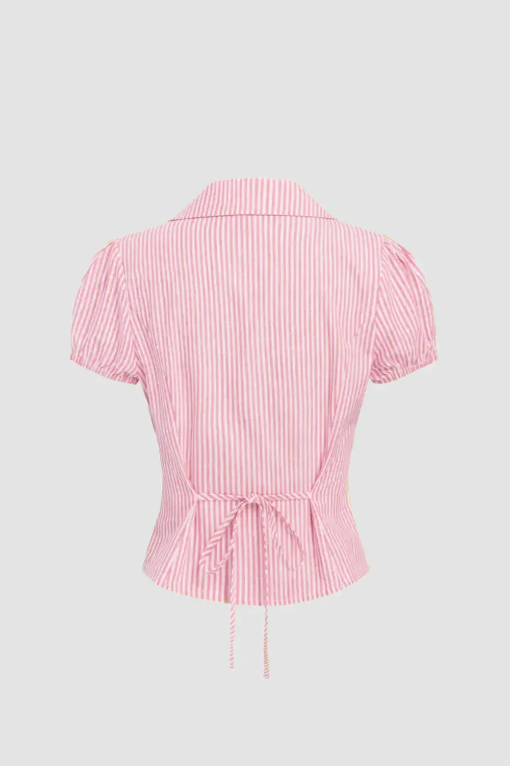 Collared Neck Slim Fit Button Front Puff Sleeve Top in Pink - Image 2