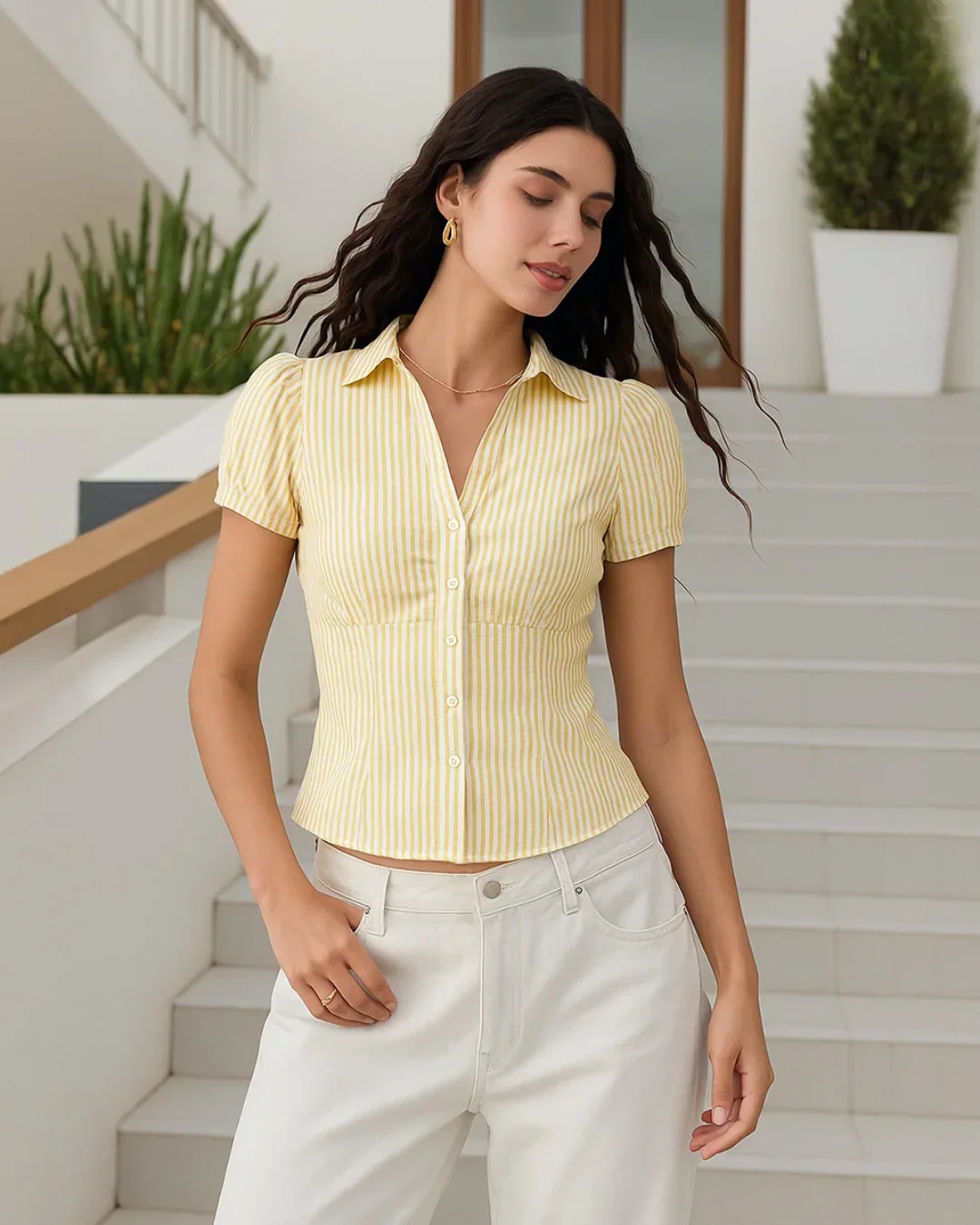 Ruched Button Down Puff Sleeve Top in Yellow - Image 2