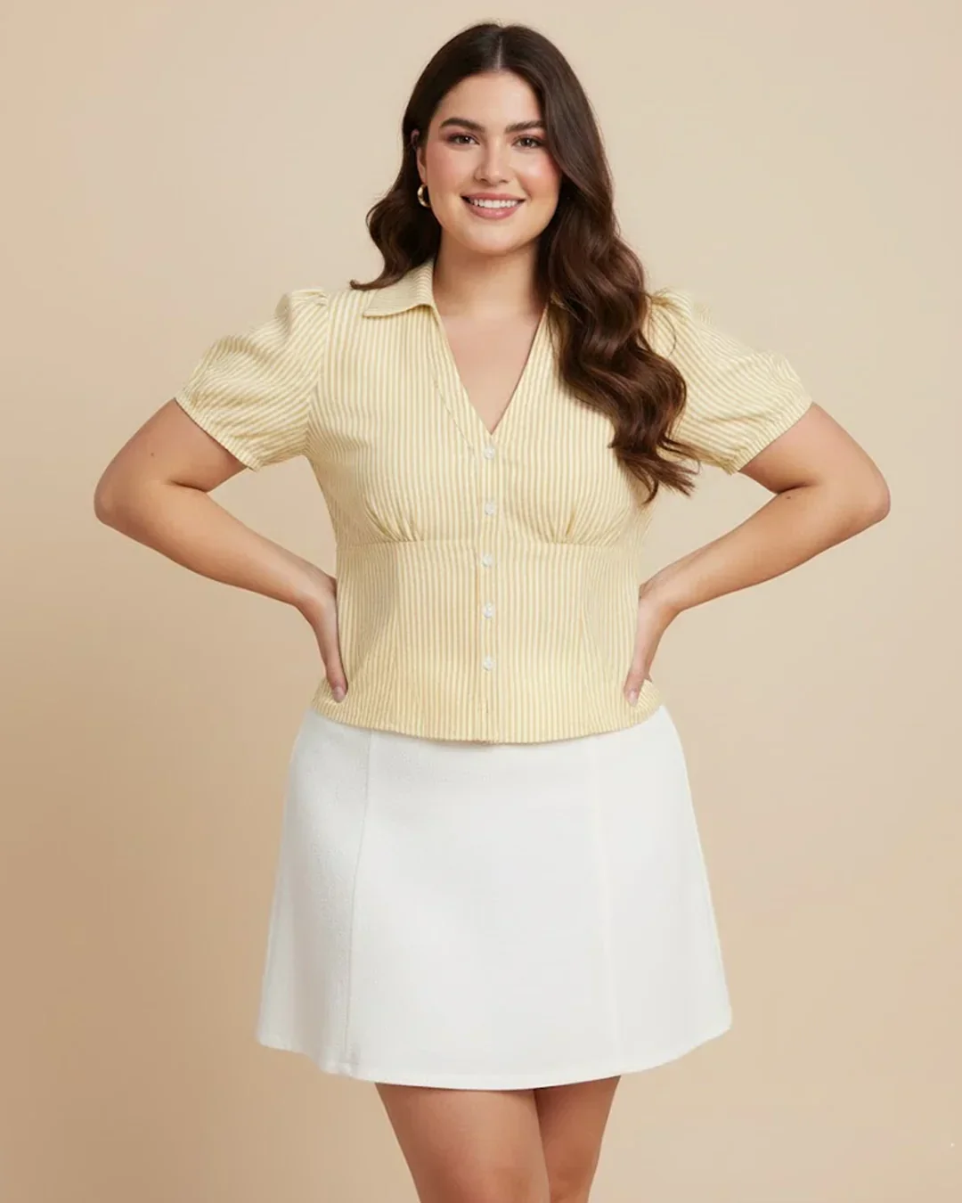 Ruched Button Down Puff Sleeve Top in Yellow Curve & Plus - Image 3