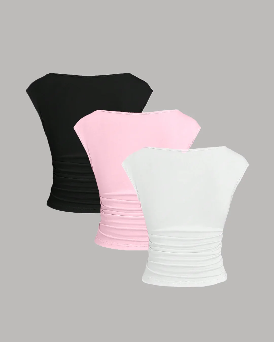Cap Sleeve Boat Neck Ruched Top Set in Black, Pink and White - Image 2