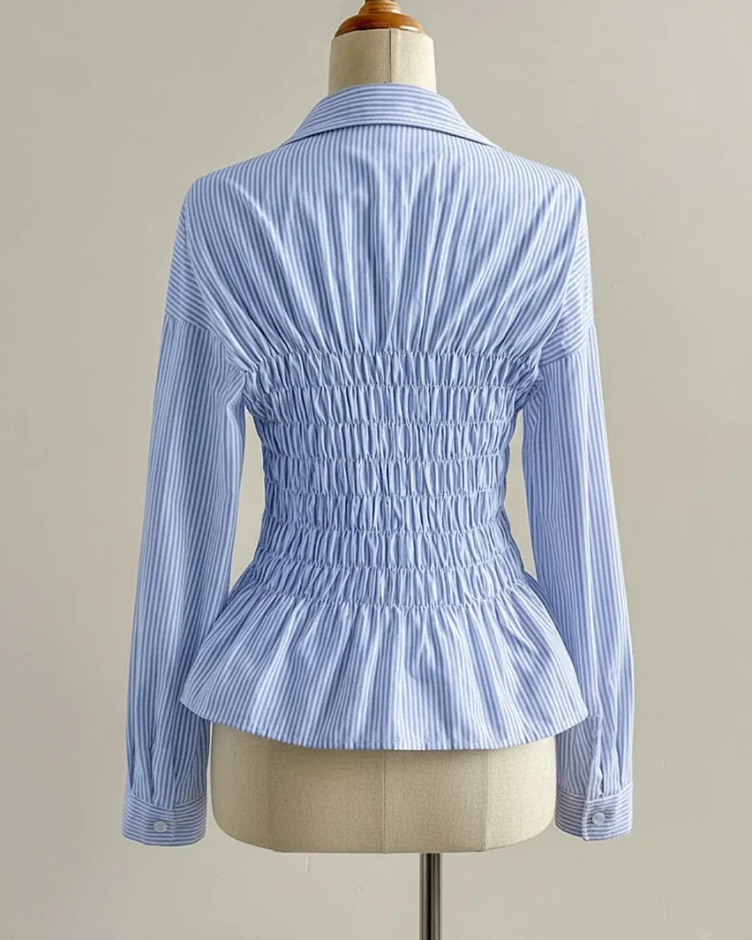Ruched Collared Button Front Full Sleeve Top in Blue - Image 2