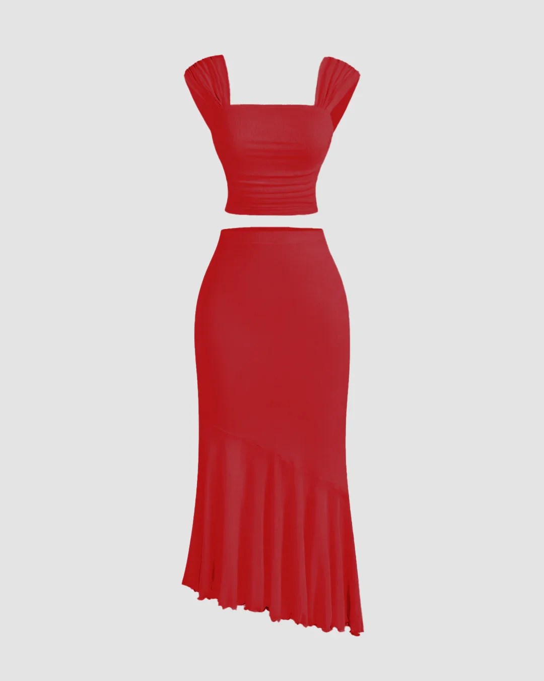 Ruched Crop Top & Asymmetric Hem Skirt Set in Dark Red