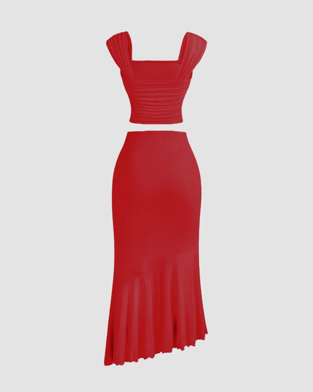 Ruched Crop Top & Asymmetric Hem Skirt Set in Dark Red - Image 2