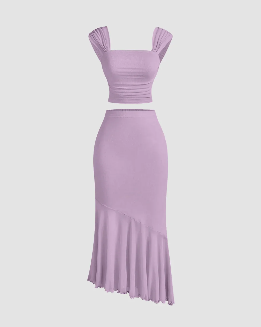 Ruched Crop Top & Asymmetric Hem Skirt Set in Lilac
