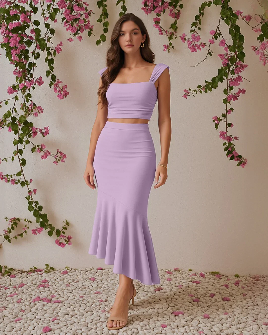 Ruched Crop Top & Asymmetric Hem Skirt Set in Lilac - Image 2