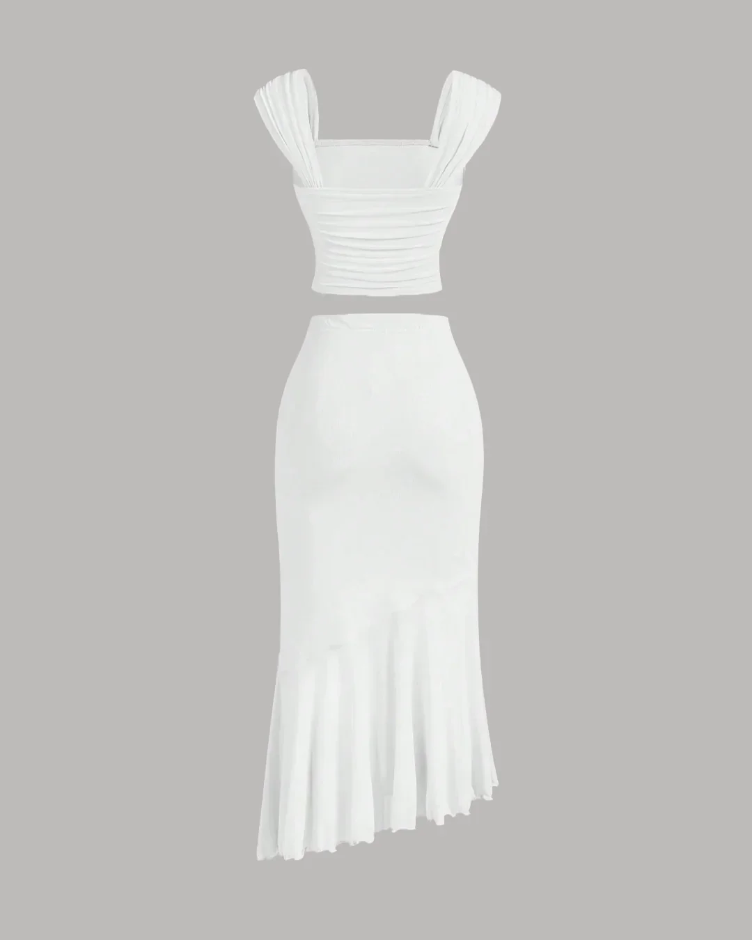 Ruched Crop Top & Asymmetric Hem Skirt Set in White - Image 2