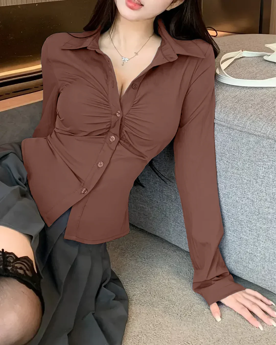 Ruched Front Button Collar Long Sleeve Shirt in Brown - Image 2