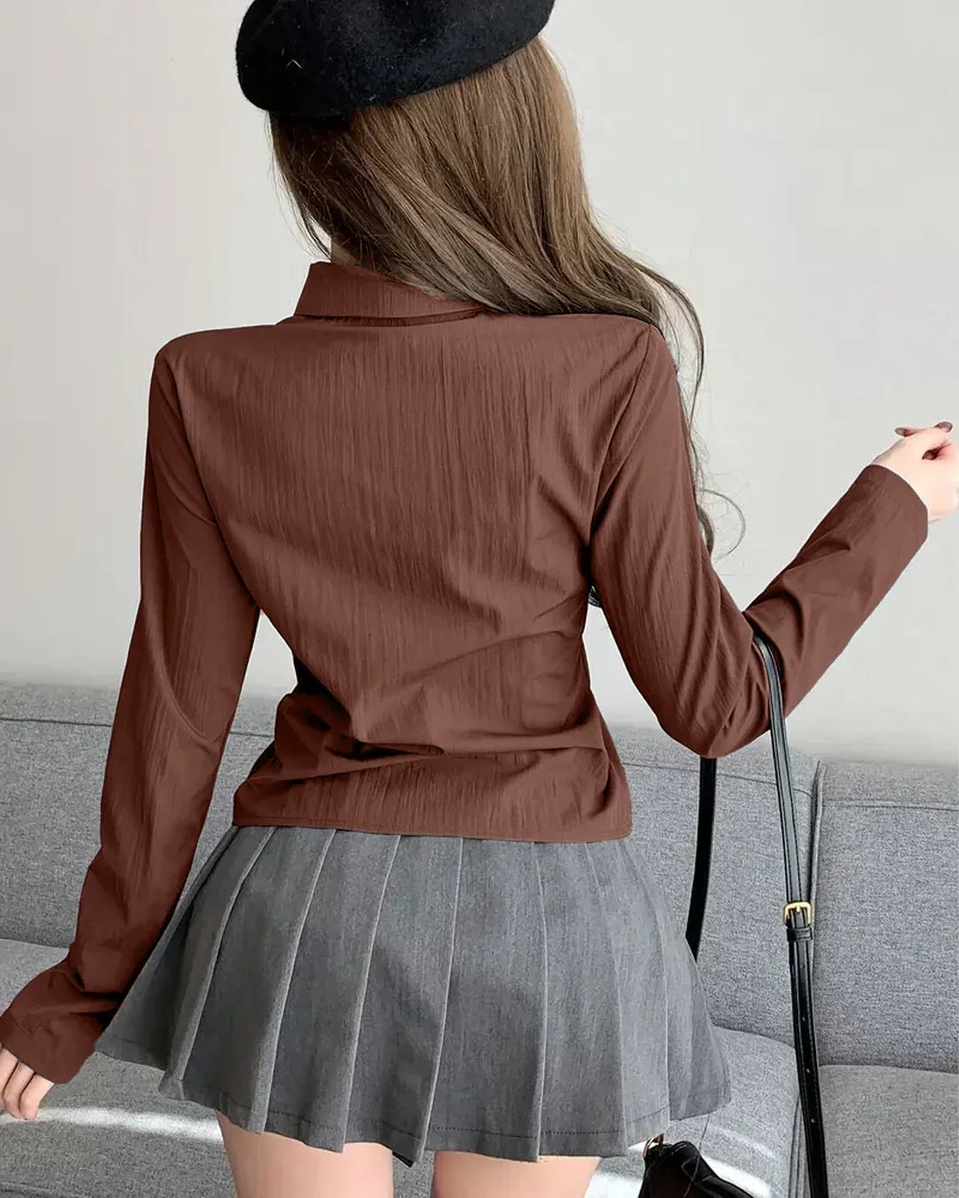 Ruched Front Button Collar Long Sleeve Shirt in Brown - Image 3