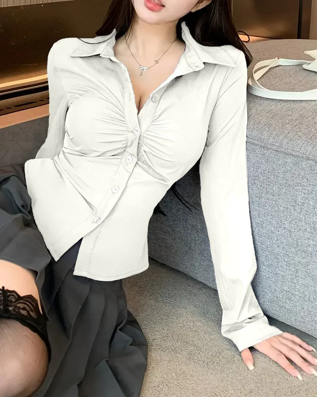 Ruched Front Button Collar Long Sleeve Shirt in Milky White - Image 2