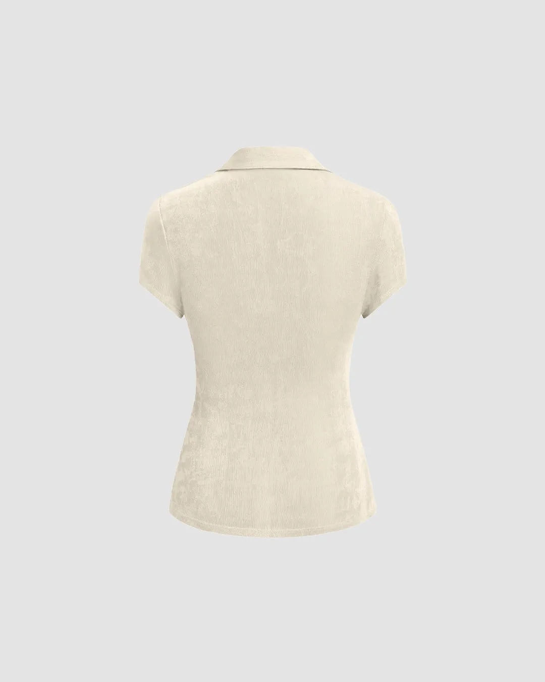 Ruched Front Collared Short Sleeve Top in Beige - Image 3