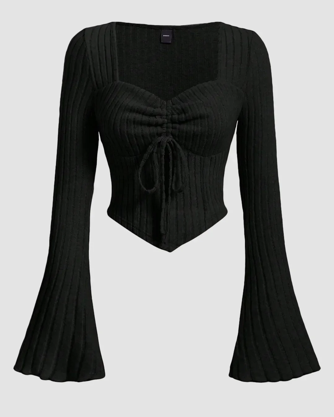 Ruched Front Square Neck Full Sleeve Top in Black