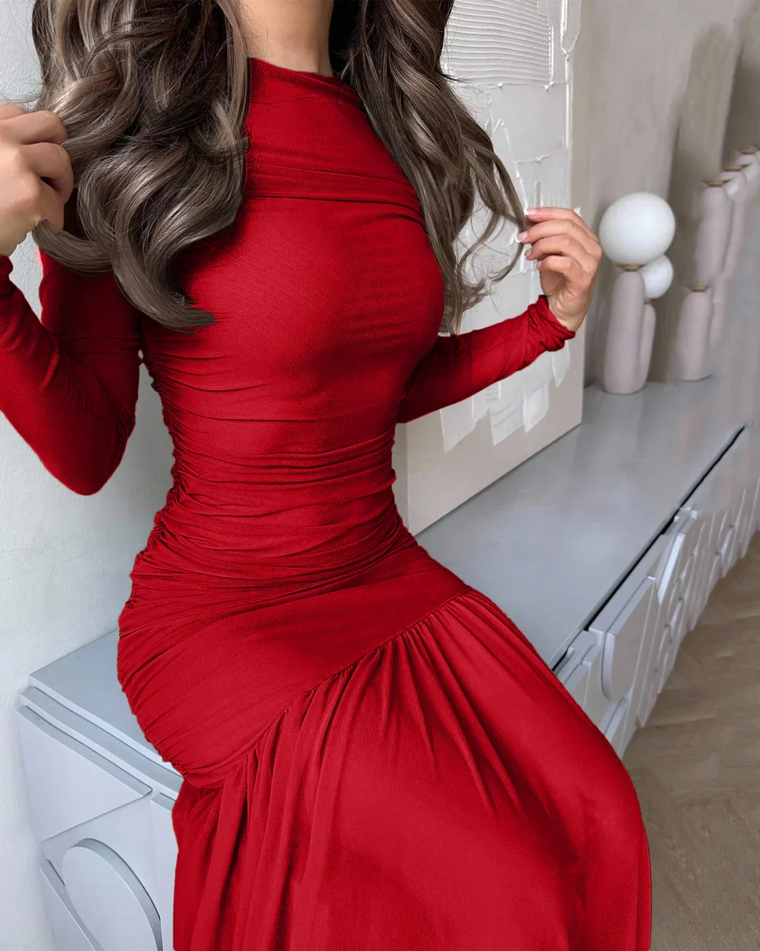 Ruched Full Sleeve Bodycon Midi Dress in Red - Image 2