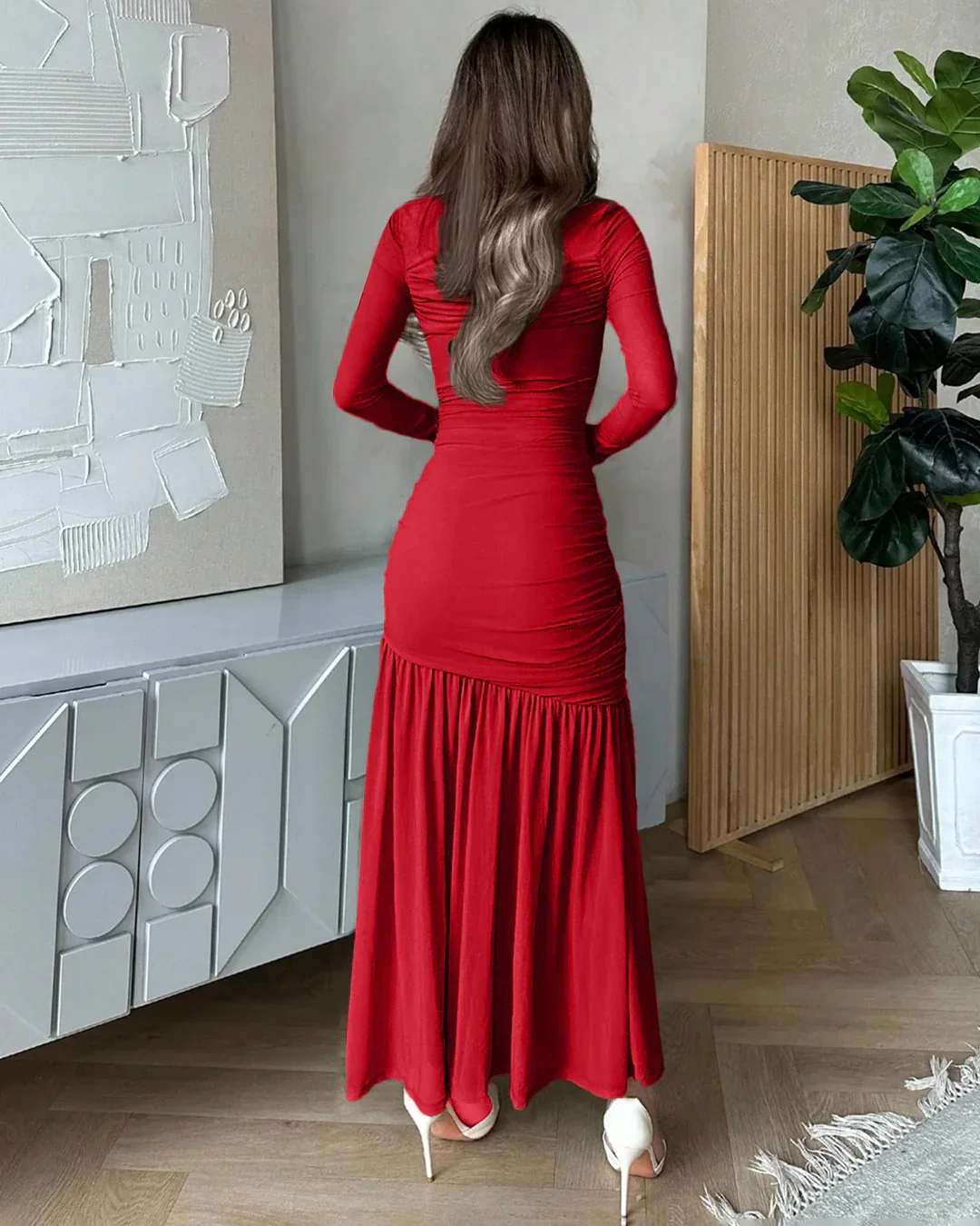 Ruched Full Sleeve Bodycon Midi Dress in Red - Image 3