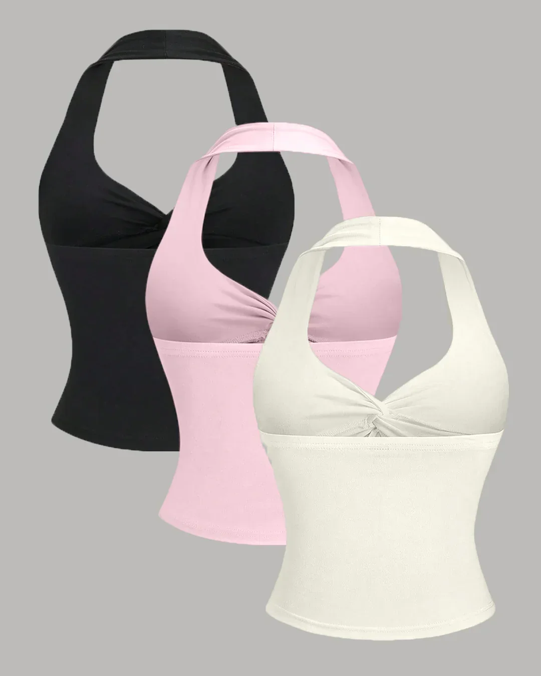 Ruched Halter Neck Combo Tops in Milky White, Black & Baby Pink - Image 2