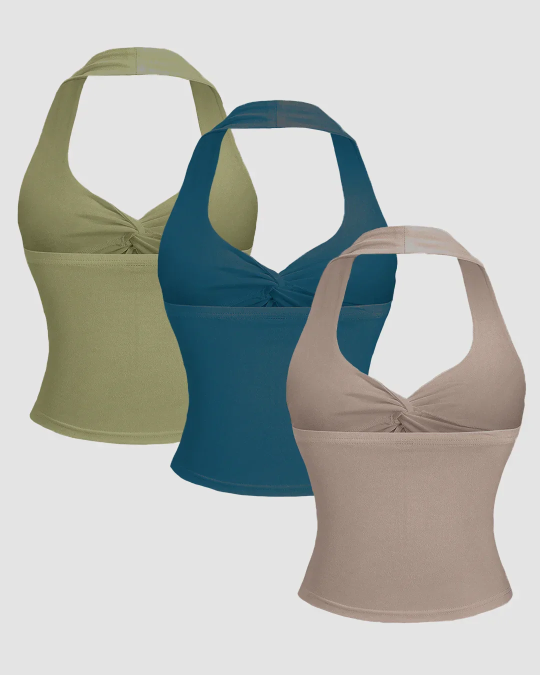 Ruched Halter Neck Combo Tops in Sage, Beige & Teal Blue - Image 2