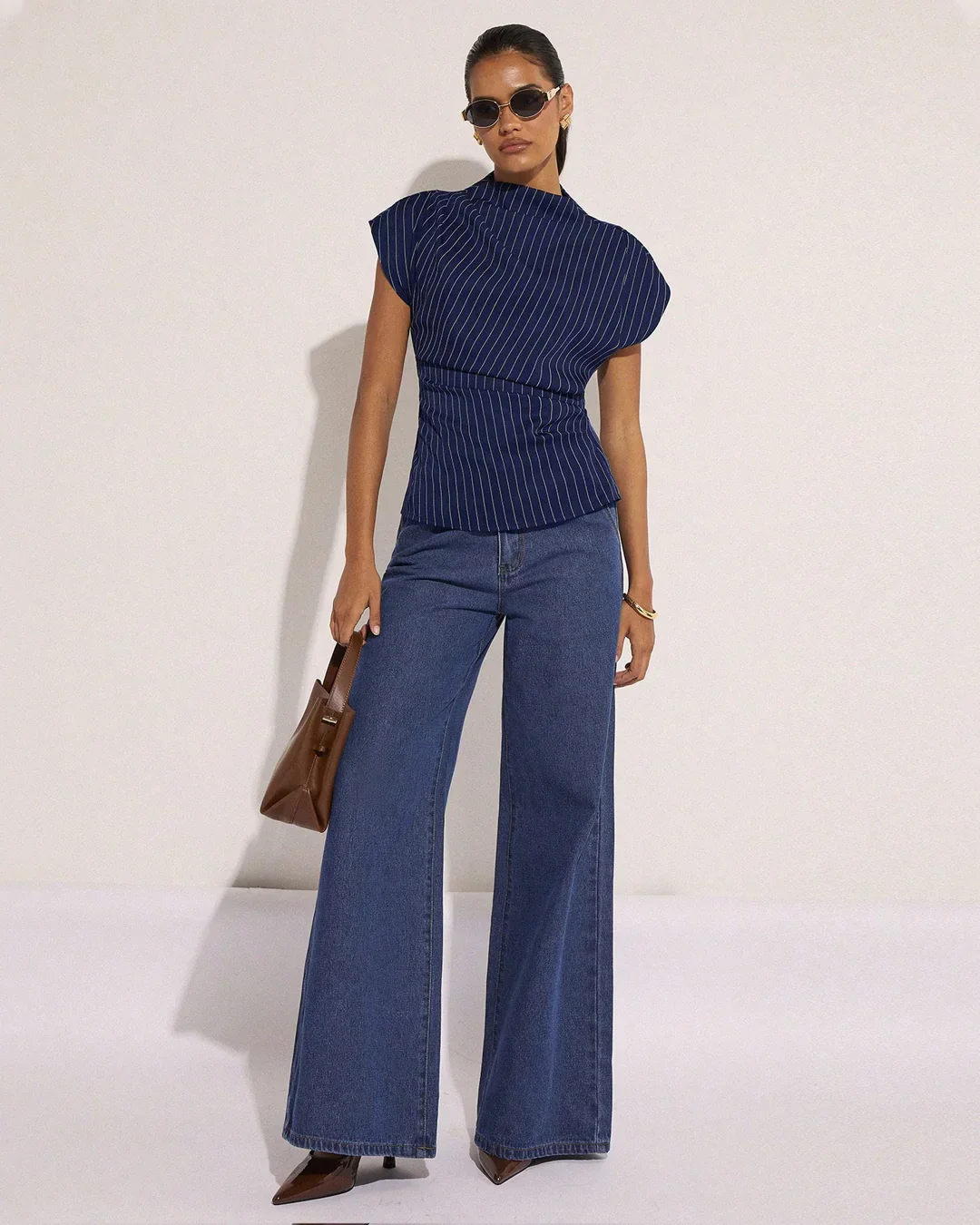 Ruched High Neck Cap Sleeve Top in Navy Blue - Image 2
