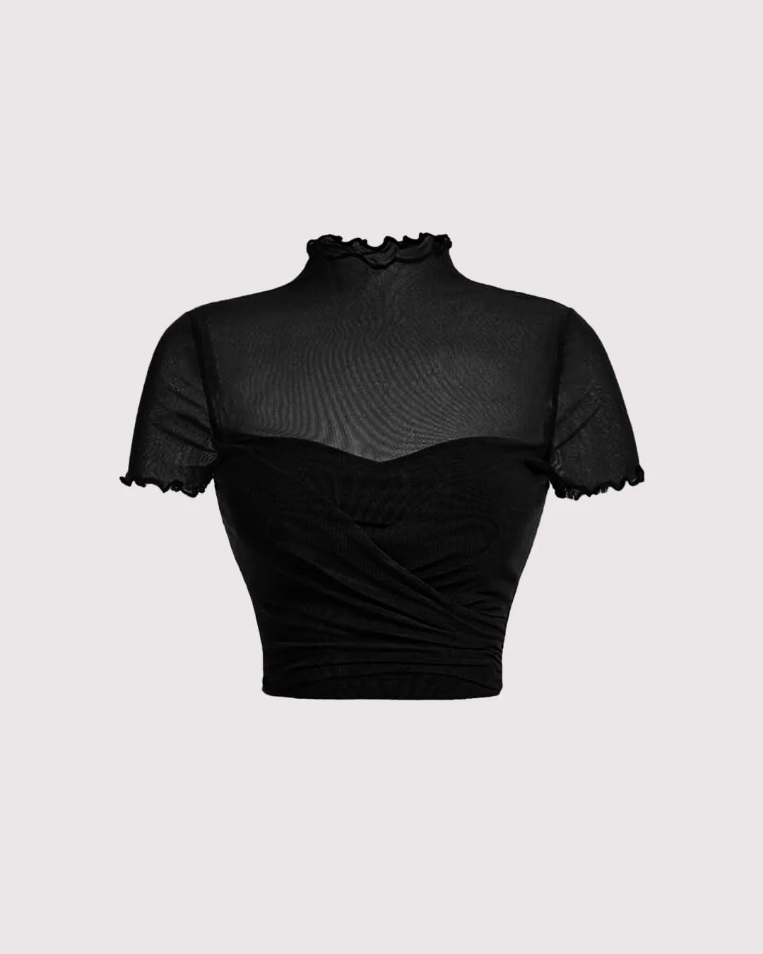 Ruched Lettuce Trim Black Mesh Crop Top