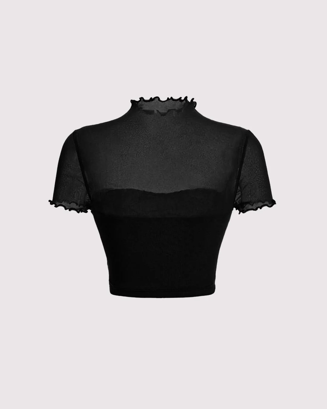 Ruched Lettuce Trim Black Mesh Crop Top - Image 2