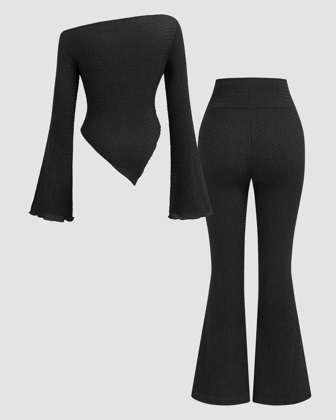 Ruched Long Sleeve Fitted Knit Top and Flare Pants Two Piece Set in Black - Image 2