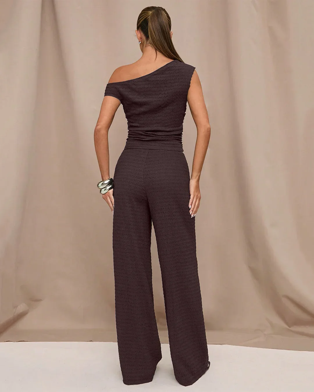 Ruched One-Shoulder Top with Matching Wide Leg Pants in Brown - Image 3