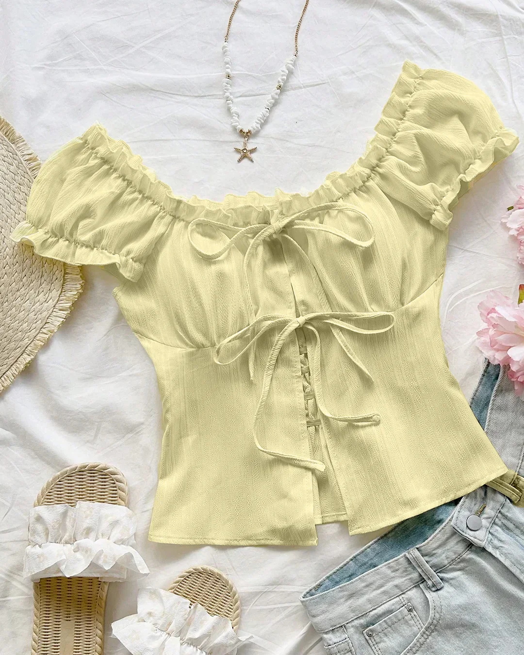 Ruched Puff Sleeve Tie Front Blouse in French Vanilla - Image 2