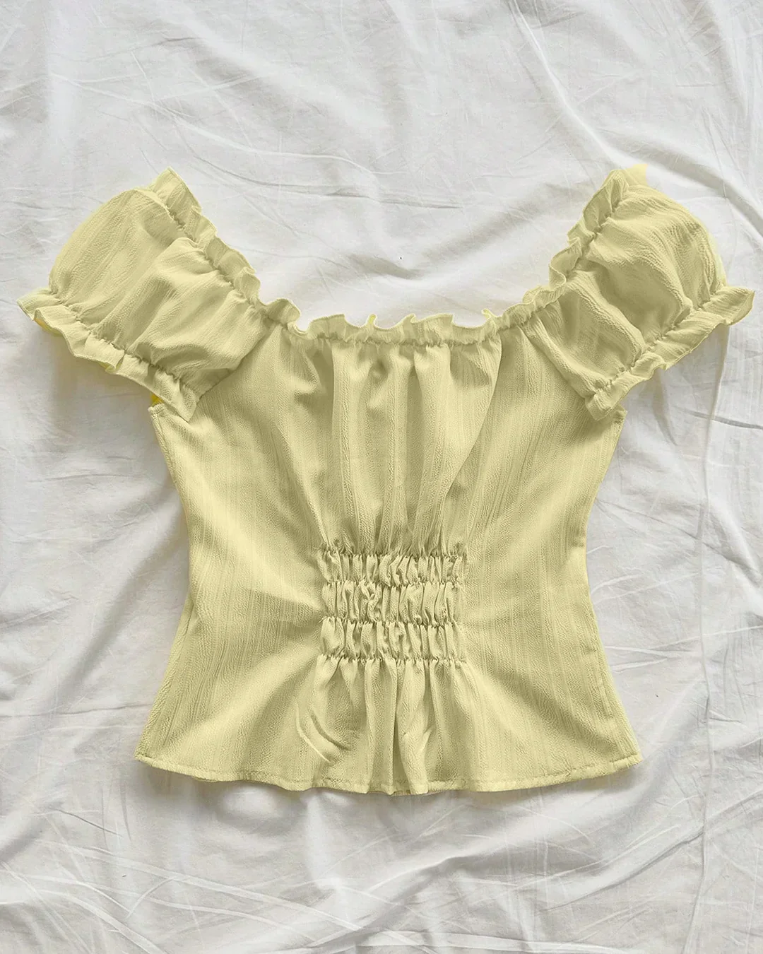 Ruched Puff Sleeve Tie Front Blouse in French Vanilla - Image 3
