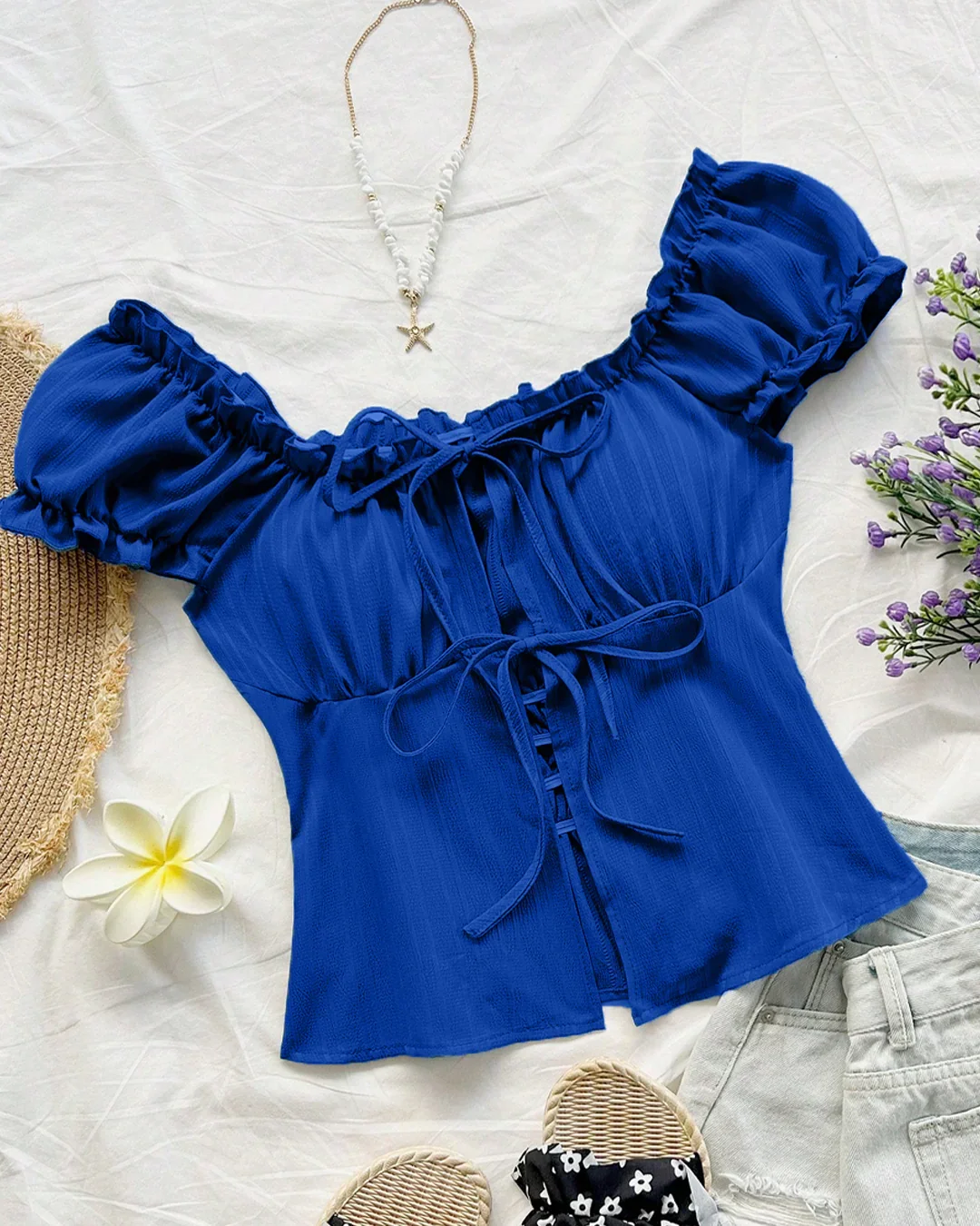 Puff Sleeve Off Shoulder Tie Front Peplum Top in Blue - Image 2
