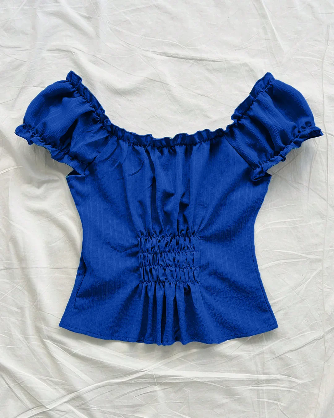 Puff Sleeve Off Shoulder Tie Front Peplum Top in Blue - Image 3