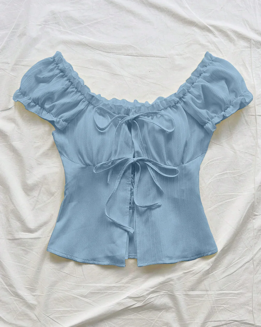 Tie-Up Front Puff Sleeve Off Shoulder Crop Top in Blue - Image 2