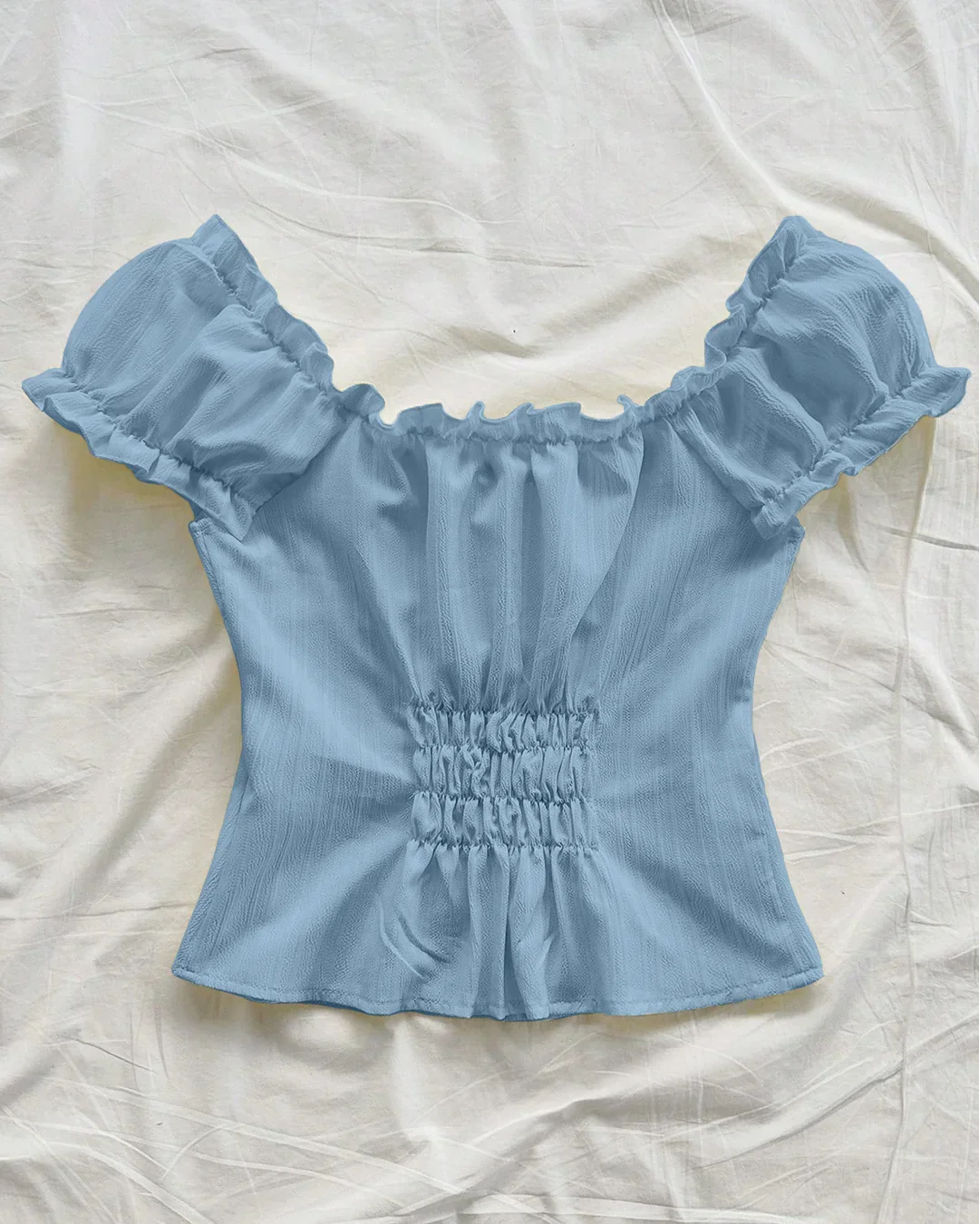 Tie-Up Front Puff Sleeve Off Shoulder Crop Top in Blue - Image 3