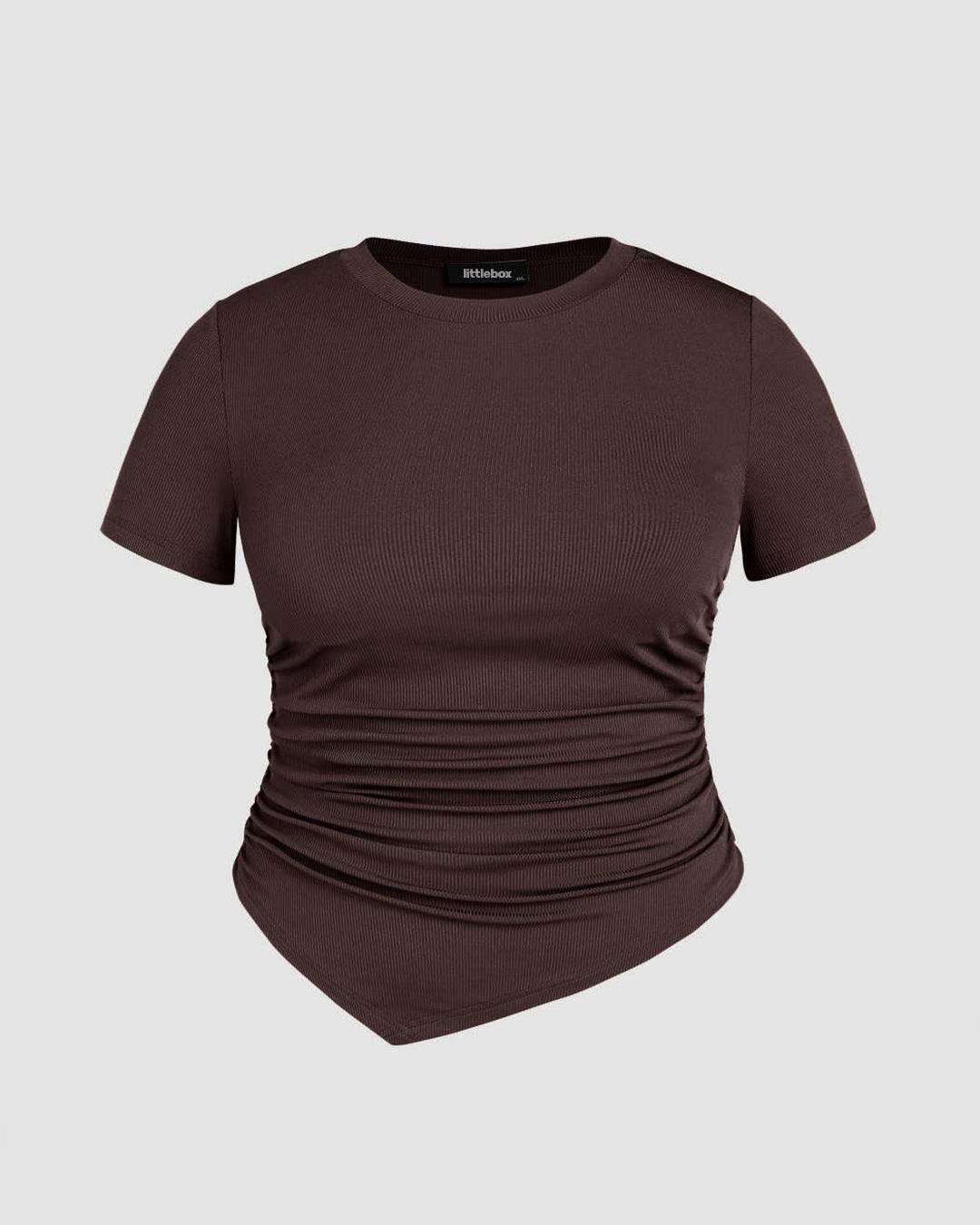Ruched Round Neckline Short Sleeve Top In Brown Curve & Plus - Image 3