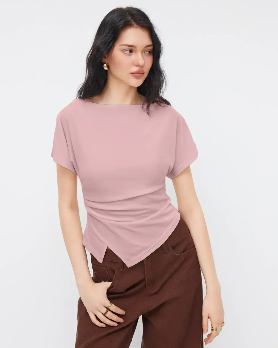 Ruched Side Asymmetrical Hem Top in Dusty Pink - Image 3