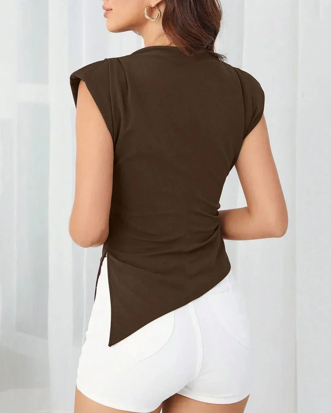 Ruched Side Cap Sleeve Top in Brown - Image 3