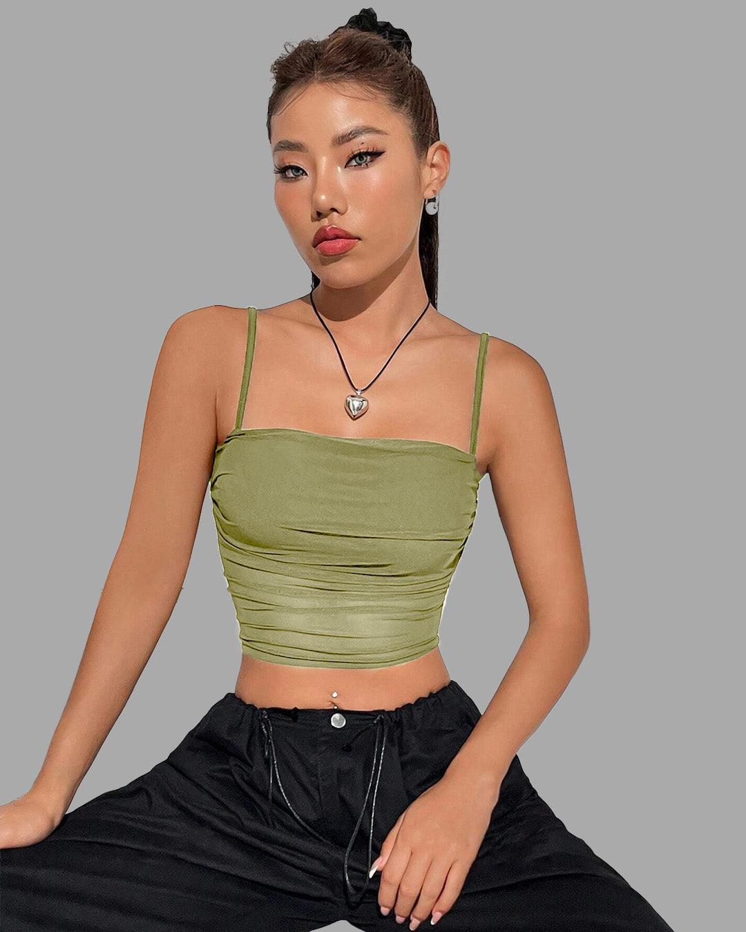 Ruched Spaghetti Strap Slim Fitted Crop Cami Green Top - Image 2