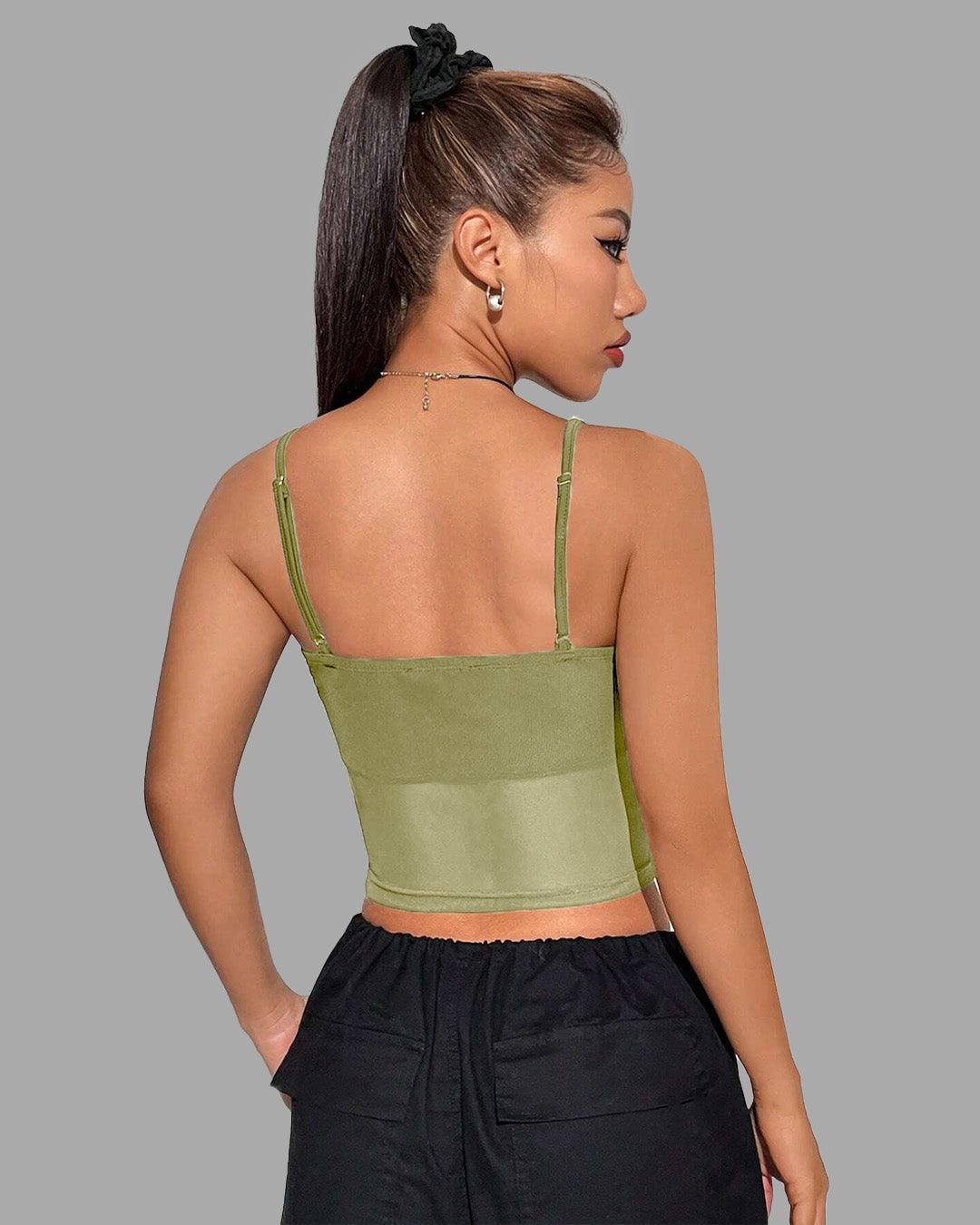 Ruched Spaghetti Strap Slim Fitted Crop Cami Green Top - Image 3