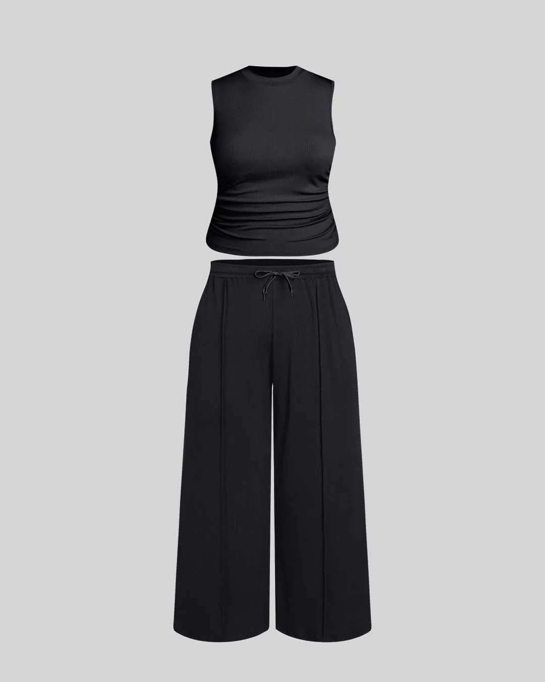 Ruched Tank Top And Elastic Waist Tie Black Set Curve & Plus - Image 3