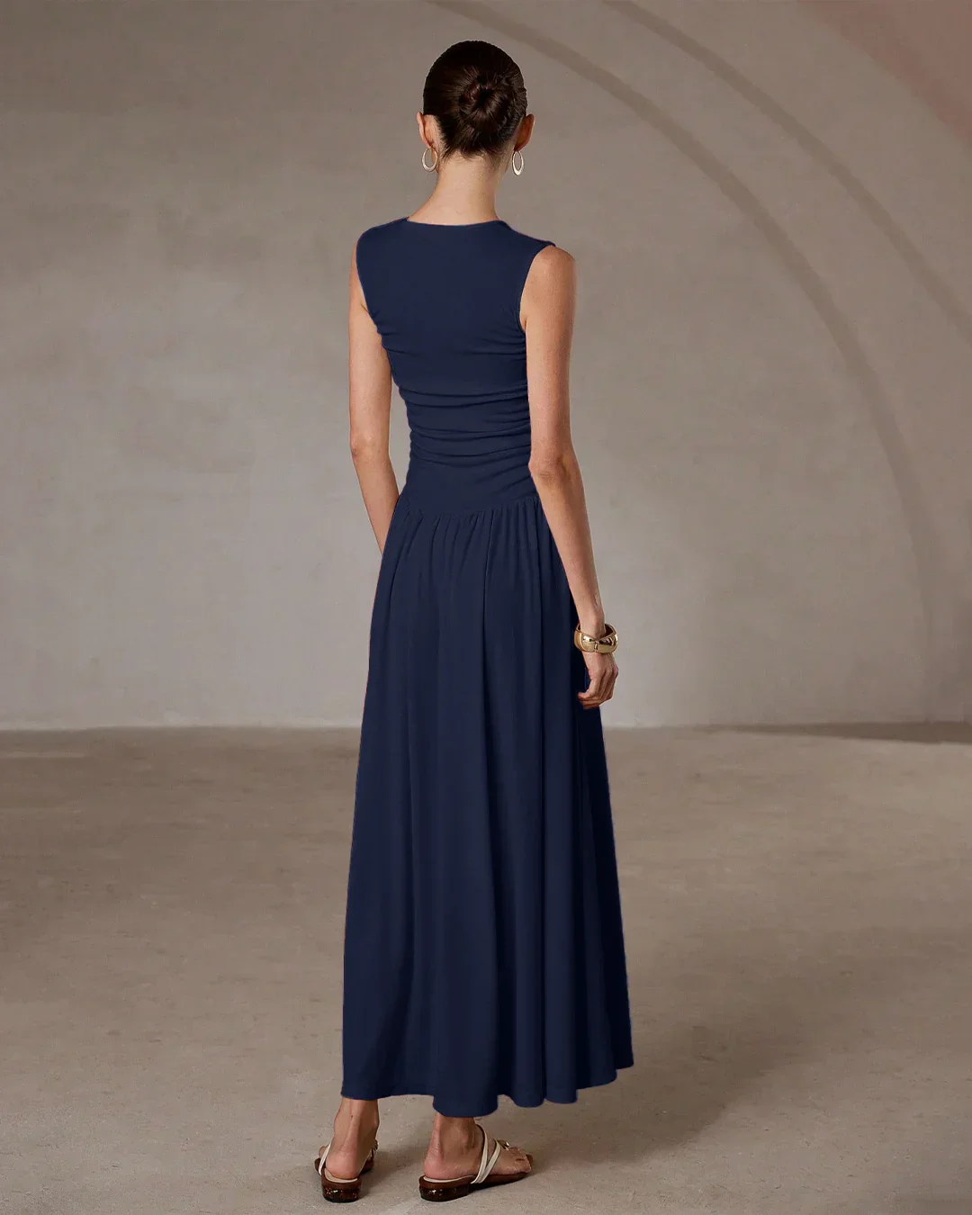 Ruched Waist Sleeveless Navy Blue Maxi Dress - Image 3