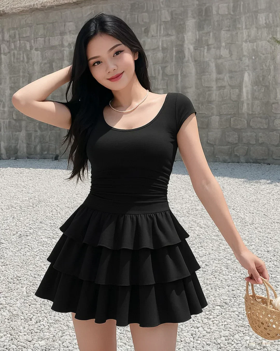 Sleeveless Flared Ruffle Mini Dress in Black - Image 2