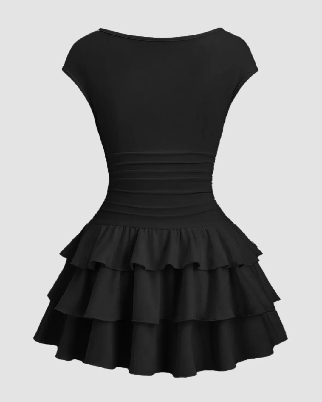 Sleeveless Flared Ruffle Mini Dress in Black - Image 3