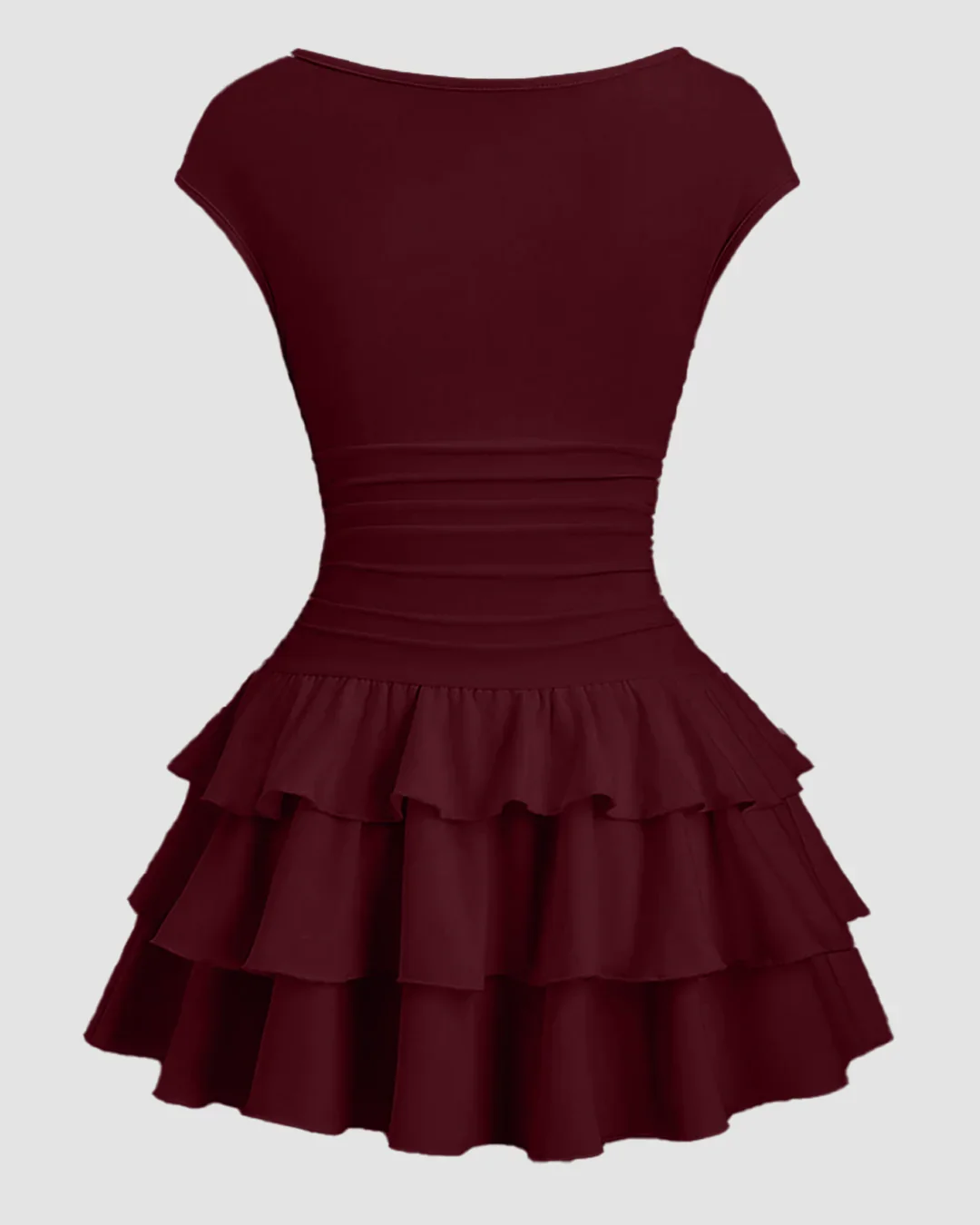 Ruched Waist Tiered Ruffle Mini Dress in Cherry - Image 2