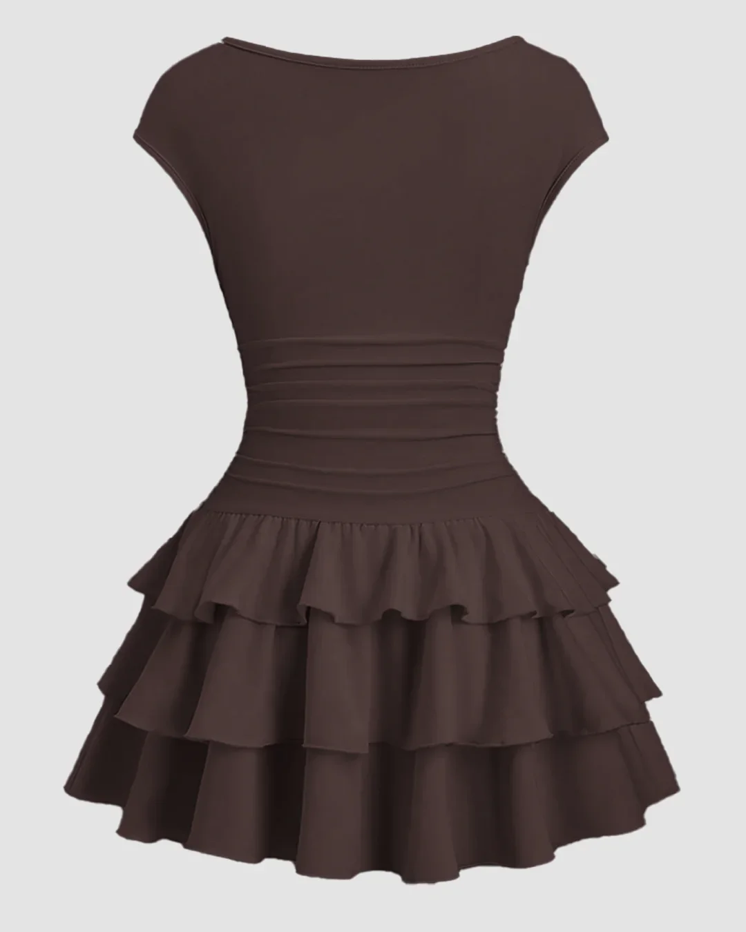 Ruched Waist Tiered Ruffle Mini Dress in Chocolate - Image 2