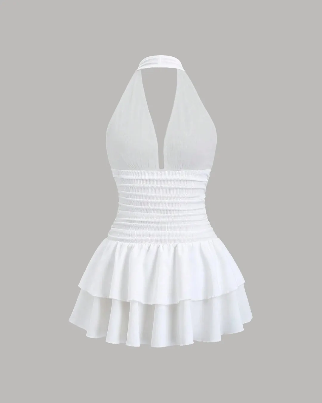 Ruched White Halter Neck Mini Dress with Tiered Layers - Image 2