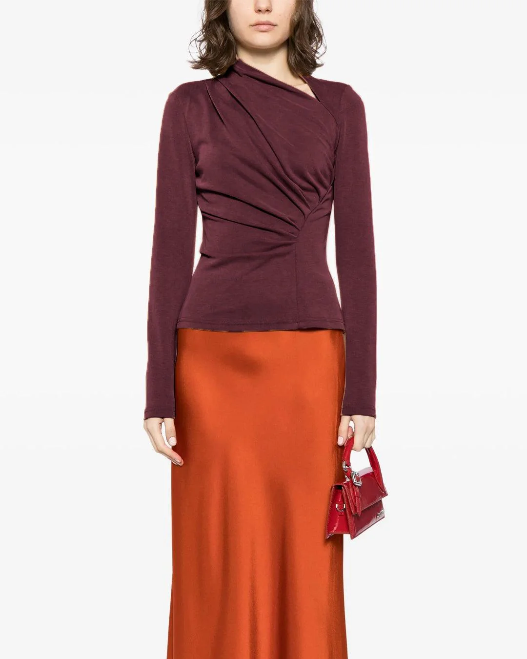 Ruched Zipper Asymmetry Neck Long Sleeve Top In Cherry Red - Image 2