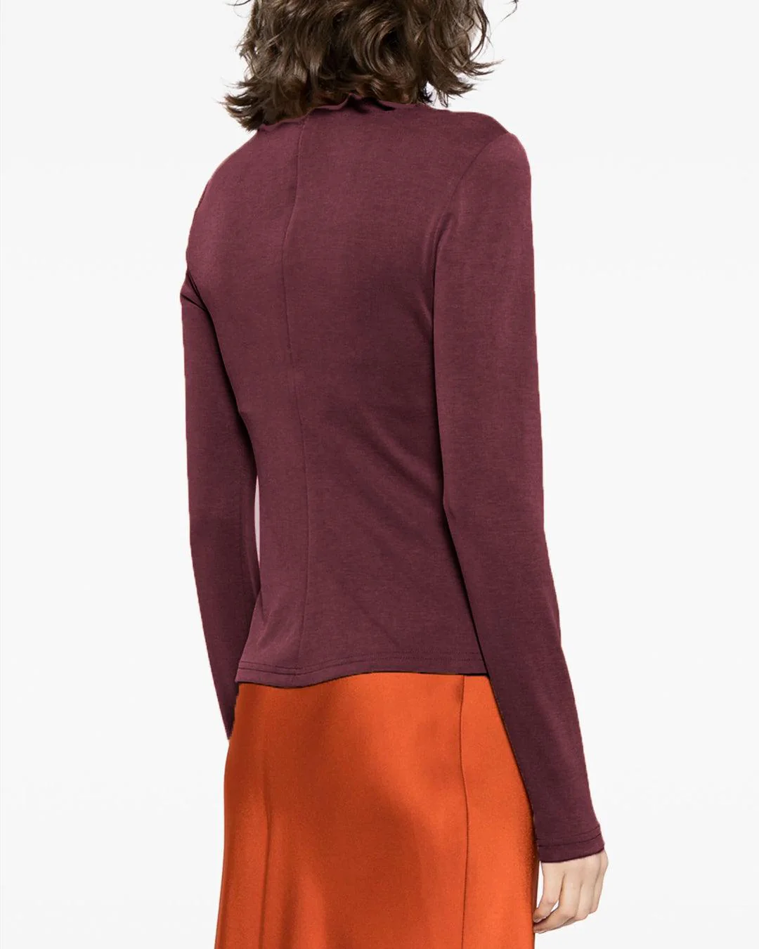 Ruched Zipper Asymmetry Neck Long Sleeve Top In Cherry Red - Image 3