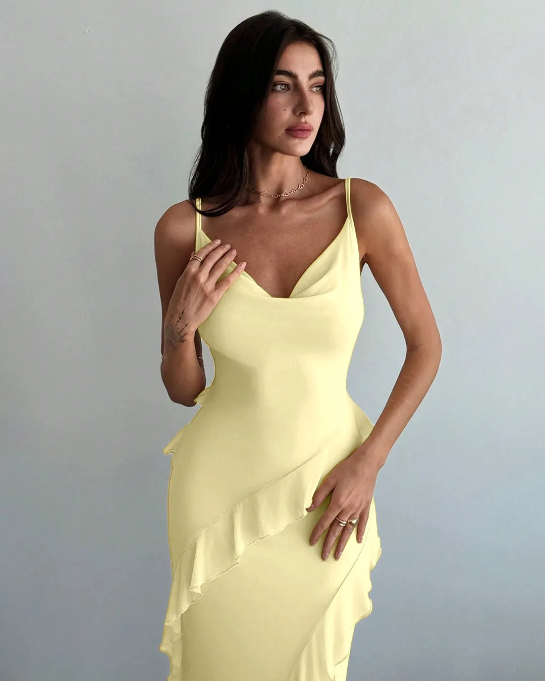 Ruffle Detail Spaghetti Strap French Vanilla Dress - Image 3