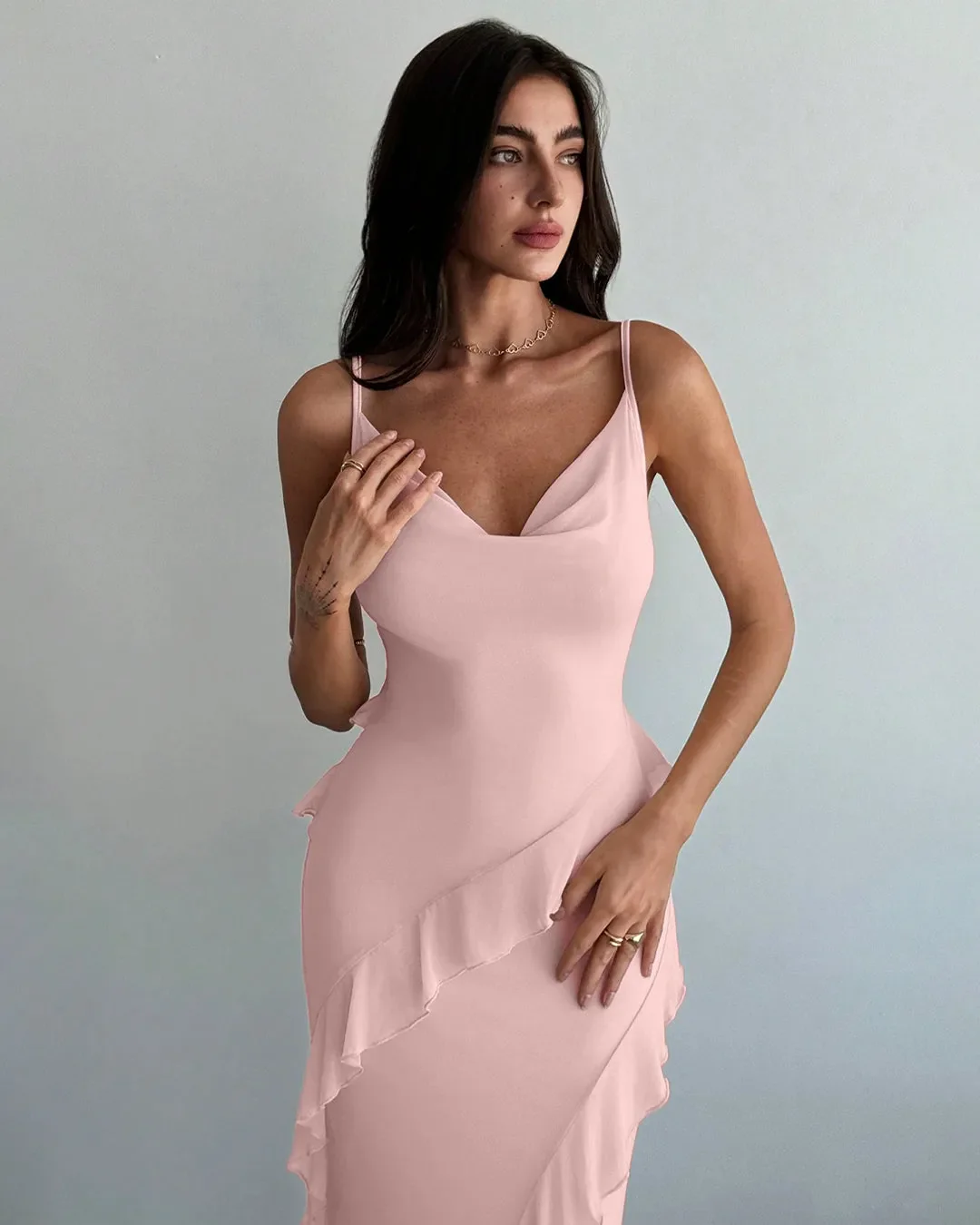 Ruffle Detail Spaghetti Strap Light Pink Maxi Dress - Image 2
