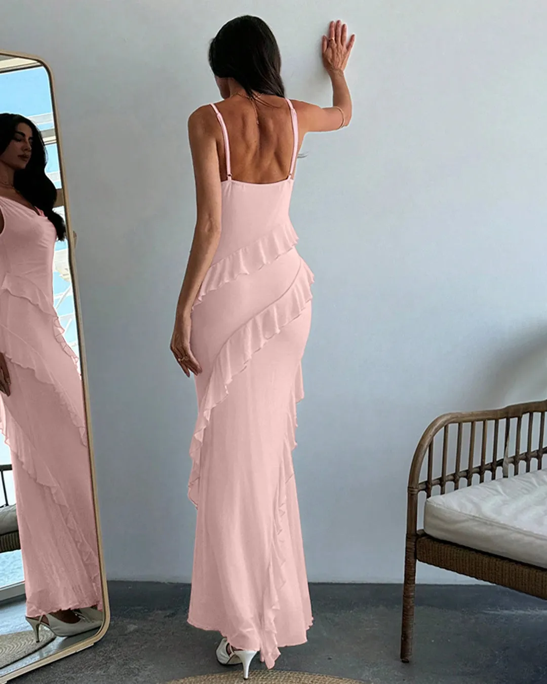Ruffle Detail Spaghetti Strap Light Pink Maxi Dress - Image 3