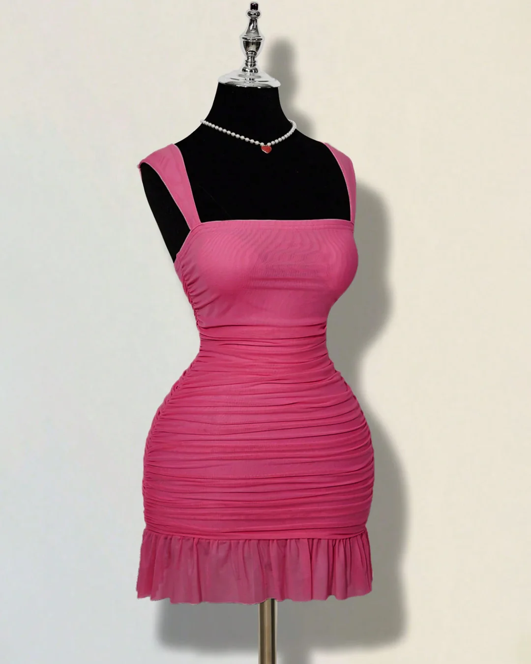 Ruffle Hem Square Neck Mini Fitted Dress in Barbie Pink - Image 3