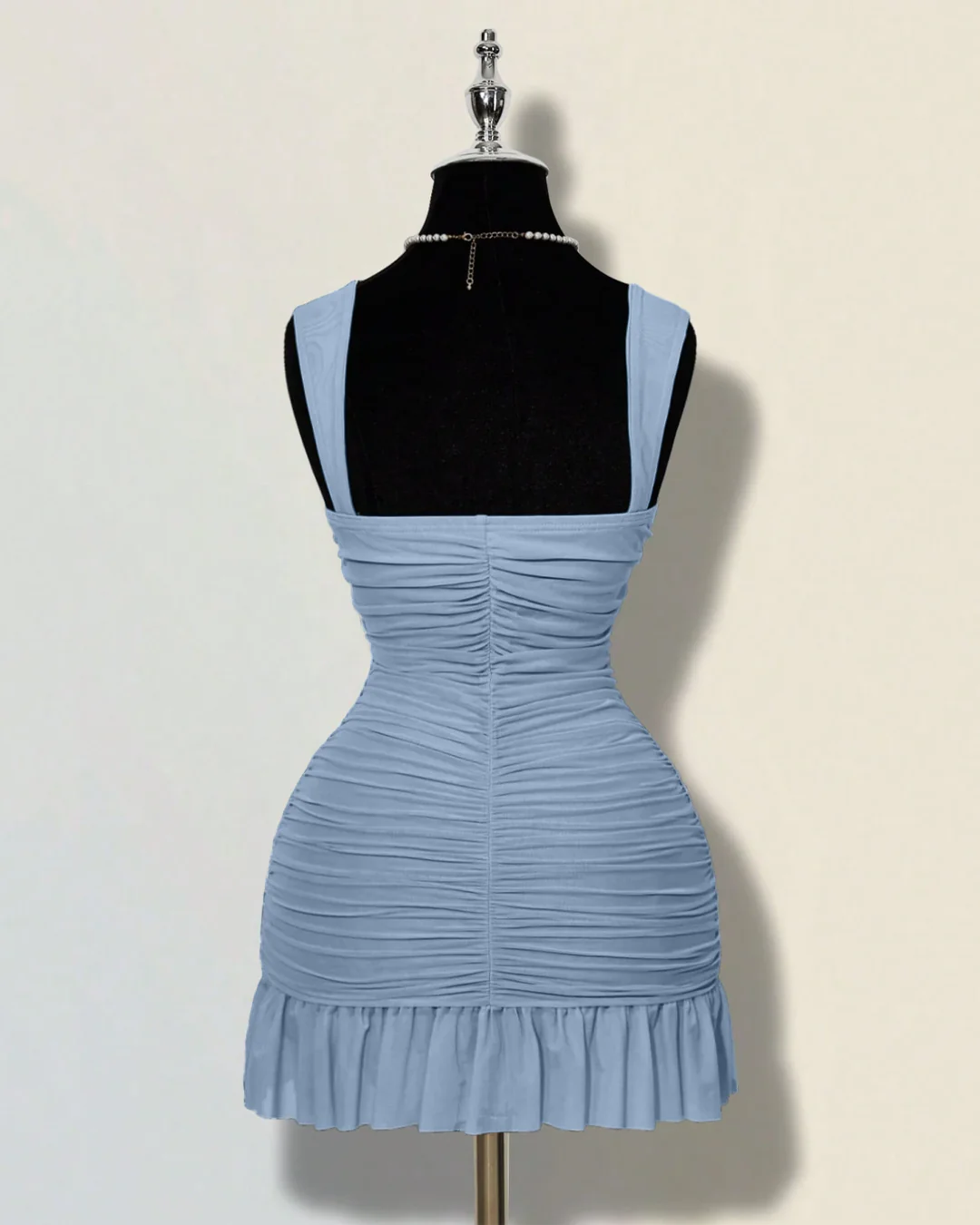 Ruffle Hem Square Neck Mini Fitted Dress in Dusty Blue - Image 2