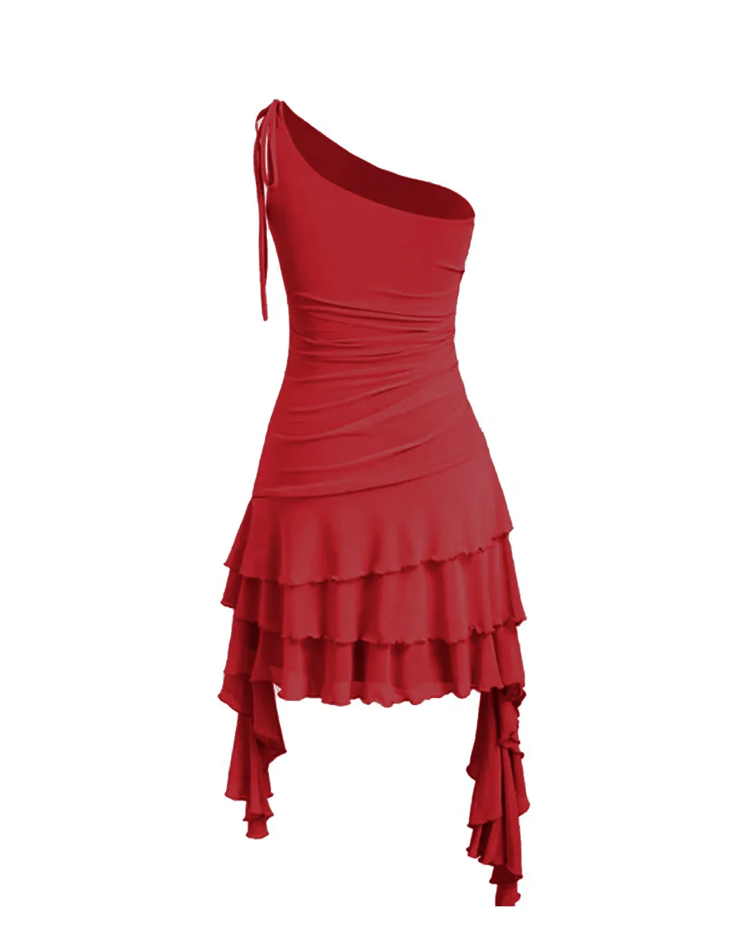 Ruffle Trimmed Asymmetrical One Shoulder Red Mini Dress - Image 2